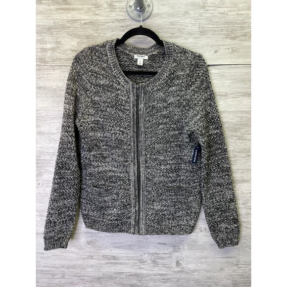 Old Navy Cardigan Sweater Womens M Black Marl Knit Full Zip Long Sleeve Metallic - Picture 1 of 10